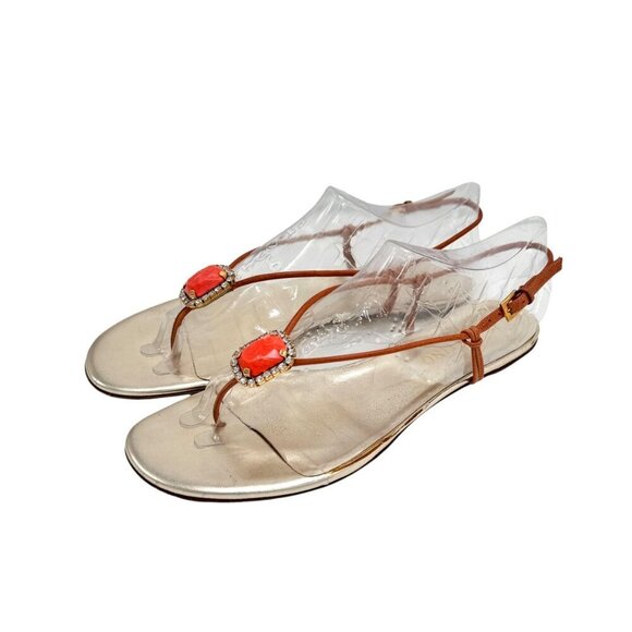VTG Valentino Gold Thong Flat Sandals Sz.10 Coral Rhinestones Boho Designer - Picture 4 of 16